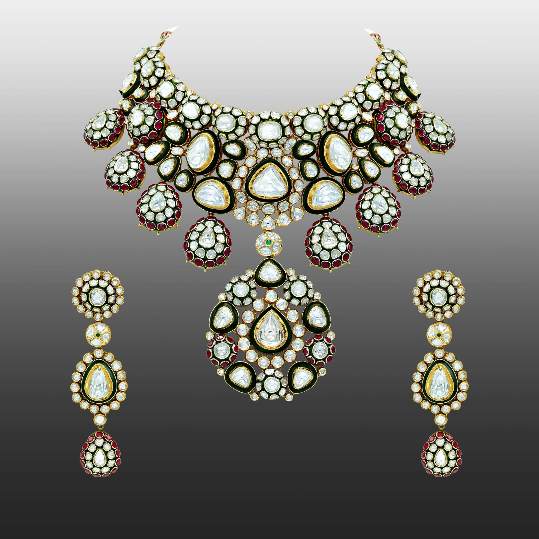 Bridal Polki Choker with Rubies, Green Meena, and Makadi Design Necklace Set
